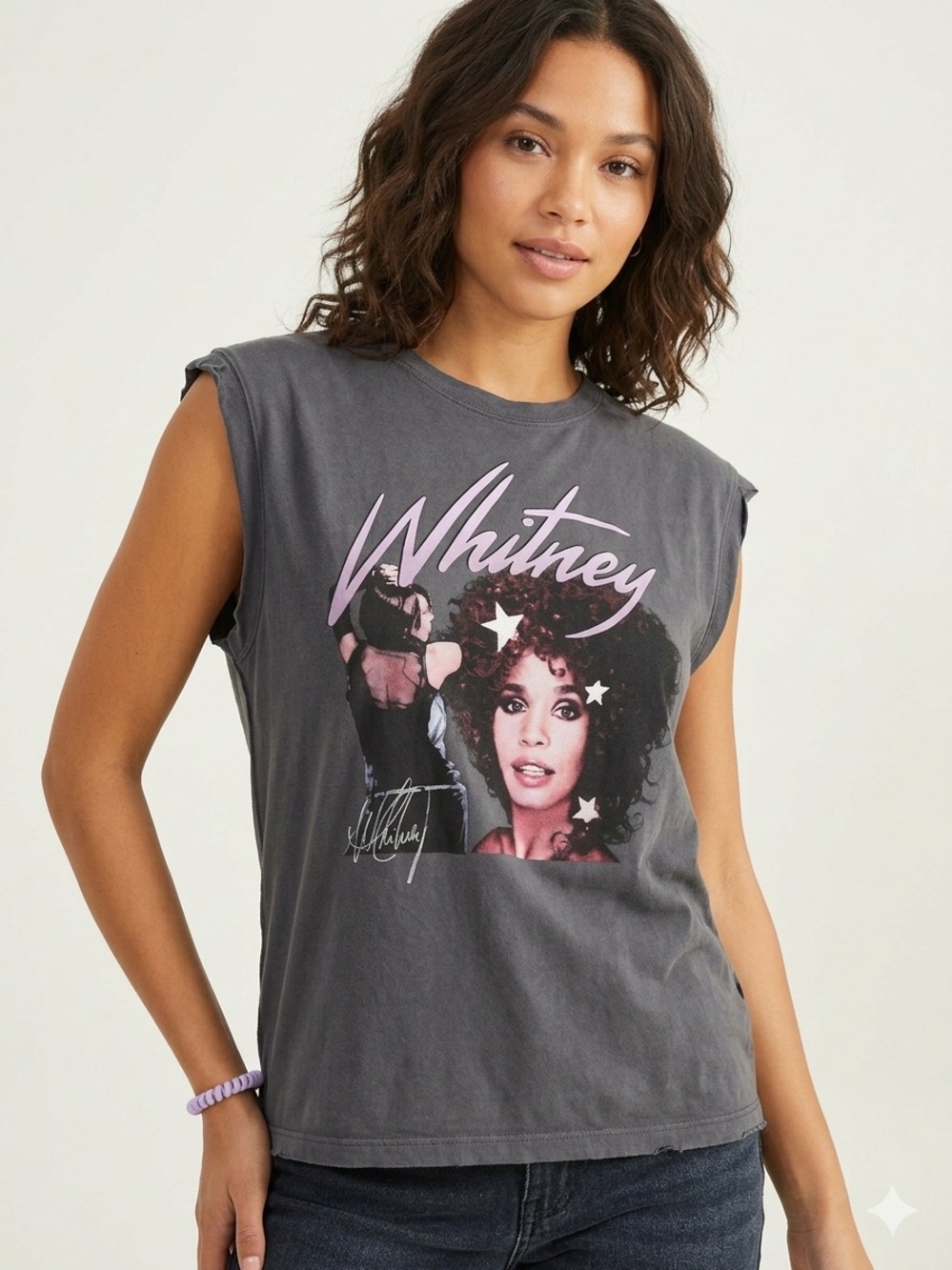 Abercrombie & Fitch Whitney Houston Graphic Muscle Tee XS Charcoal Vintage Wash
